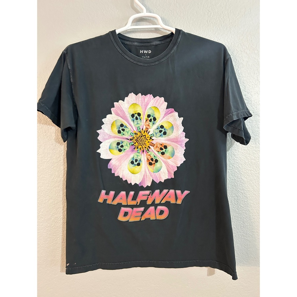 Halfway Dead Mens Skull Flower Graphic T-Shirt Faded Black Streetwear Large HWD